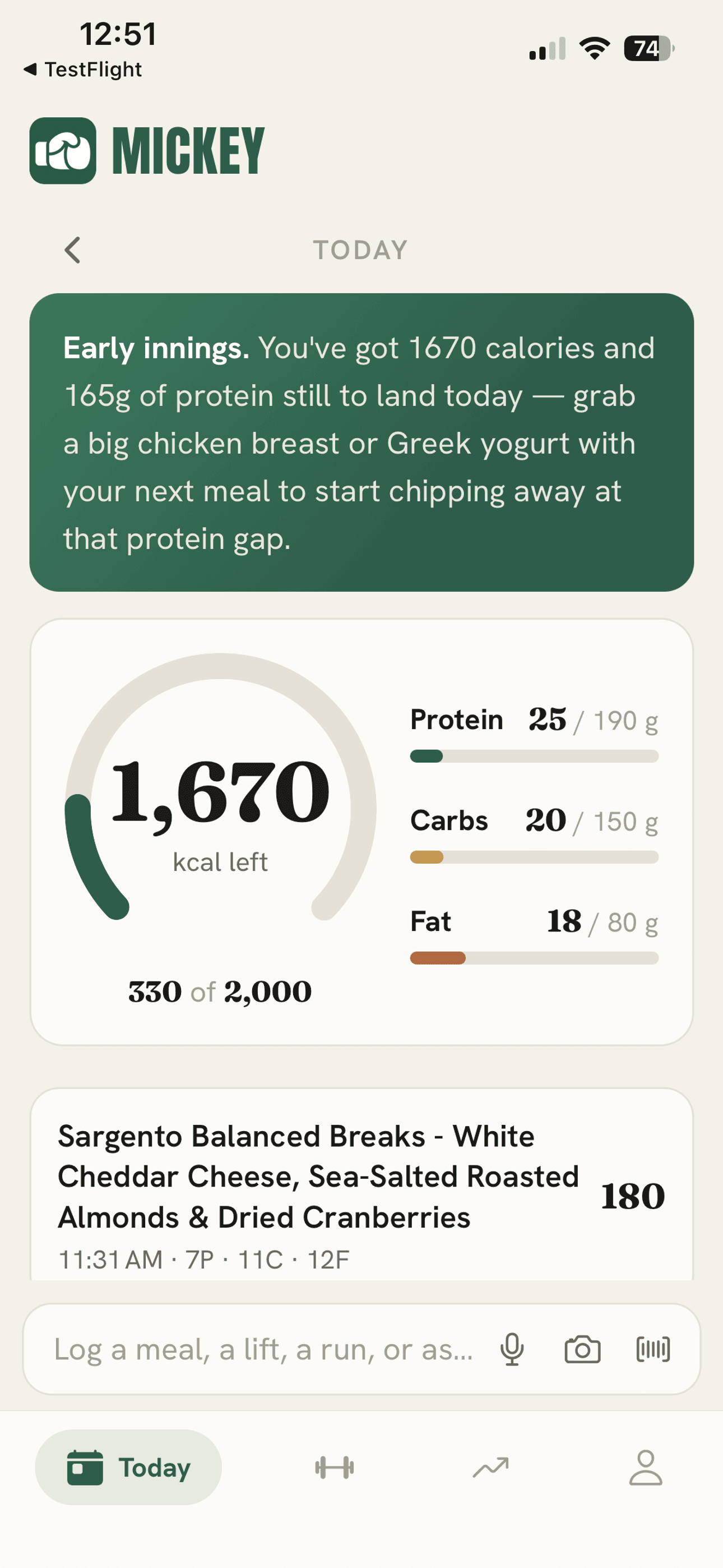 Mickey dashboard — calorie ring, macros, and a coaching insight